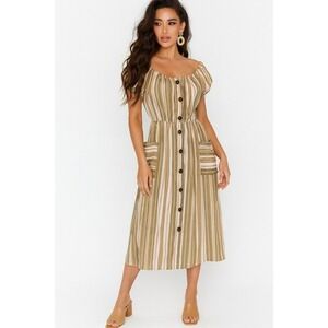 Naif Stripped Milkmaid Boho Earth Tone Midi Button‎ Down Dress Size S